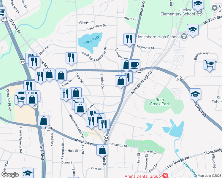 map of restaurants, bars, coffee shops, grocery stores, and more near 1147 Tanglewood Road in Jonesboro