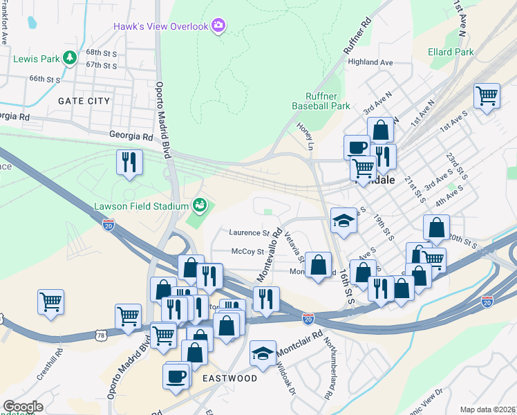 map of restaurants, bars, coffee shops, grocery stores, and more near 2852 Montevallo Park Road in Irondale
