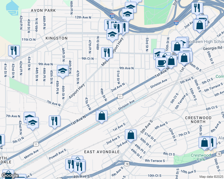 map of restaurants, bars, coffee shops, grocery stores, and more near 205 50th Street North in Birmingham