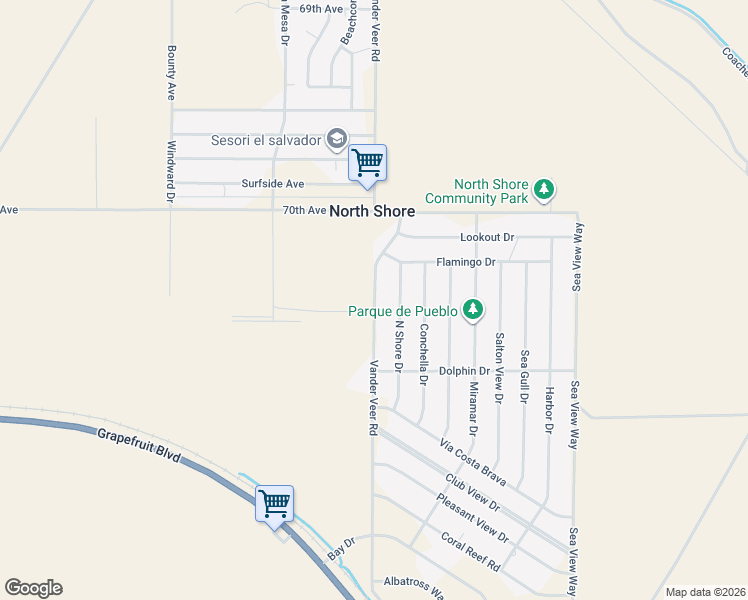 map of restaurants, bars, coffee shops, grocery stores, and more near Vander Veer Road in Riverside County