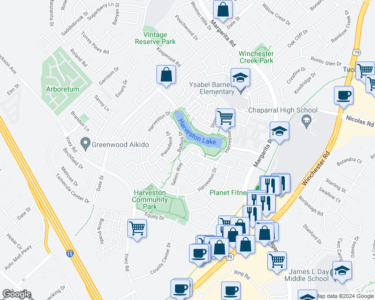 map of restaurants, bars, coffee shops, grocery stores, and more near 40209 Courtland Way in Temecula