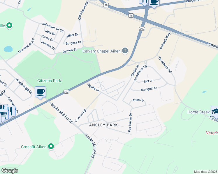 map of restaurants, bars, coffee shops, grocery stores, and more near 10 Maybelle Lane in Aiken