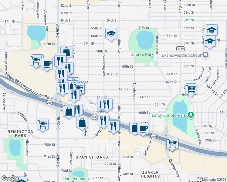 map of restaurants, bars, coffee shops, grocery stores, and more near 4807 63rd Street in Lubbock