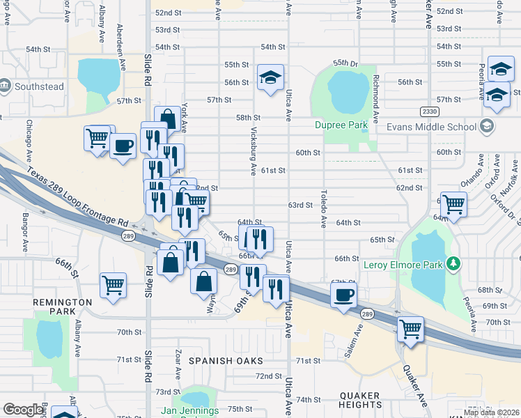 map of restaurants, bars, coffee shops, grocery stores, and more near 4901 63rd Street in Lubbock