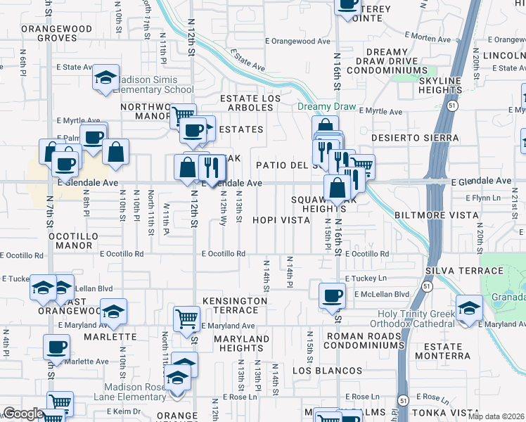 map of restaurants, bars, coffee shops, grocery stores, and more near 6814 North 14th Street in Phoenix