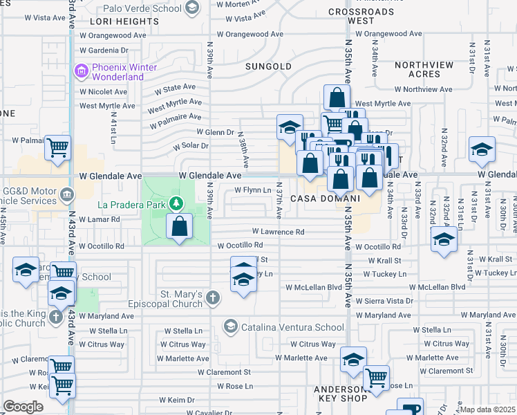 map of restaurants, bars, coffee shops, grocery stores, and more near 3731 West Fleetwood Lane in Phoenix