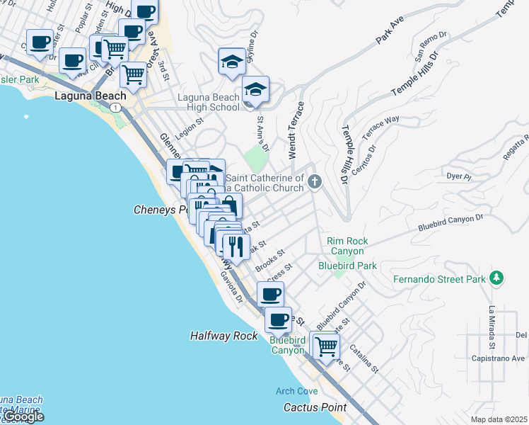 map of restaurants, bars, coffee shops, grocery stores, and more near 520 Seaview Street in Laguna Beach
