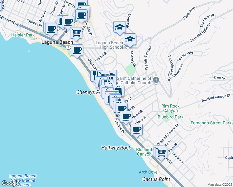 map of restaurants, bars, coffee shops, grocery stores, and more near 352 Thalia Street in Laguna Beach