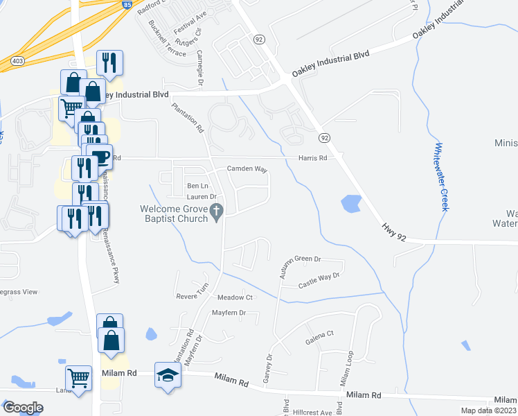 map of restaurants, bars, coffee shops, grocery stores, and more near 68 Camden Way in Fairburn