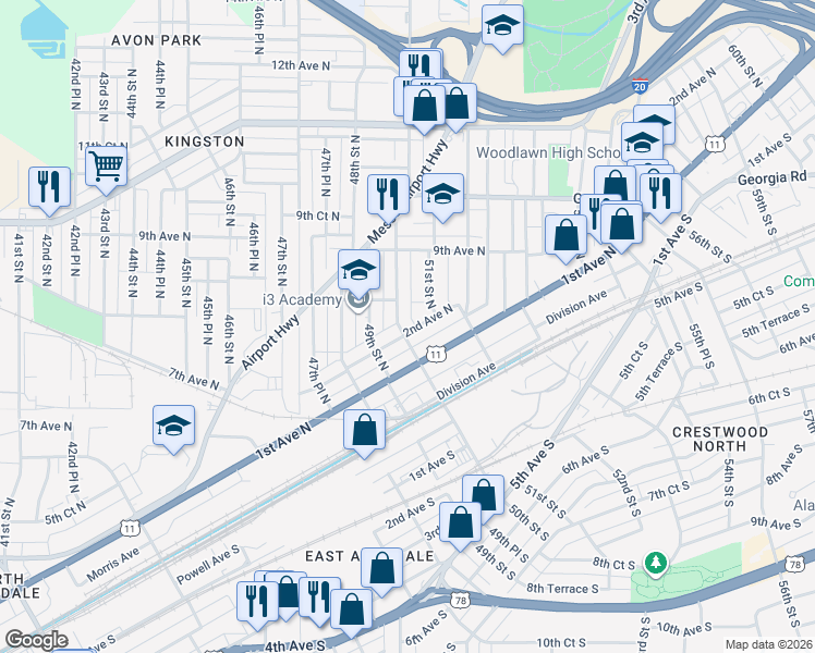 map of restaurants, bars, coffee shops, grocery stores, and more near 205 50th Street North in Birmingham