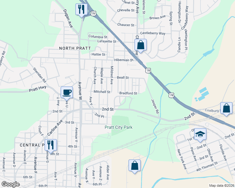 map of restaurants, bars, coffee shops, grocery stores, and more near 100 Miles Avenue in Birmingham