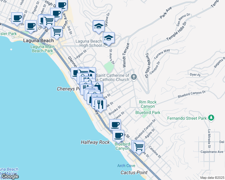 map of restaurants, bars, coffee shops, grocery stores, and more near 520 Seaview Street in Laguna Beach