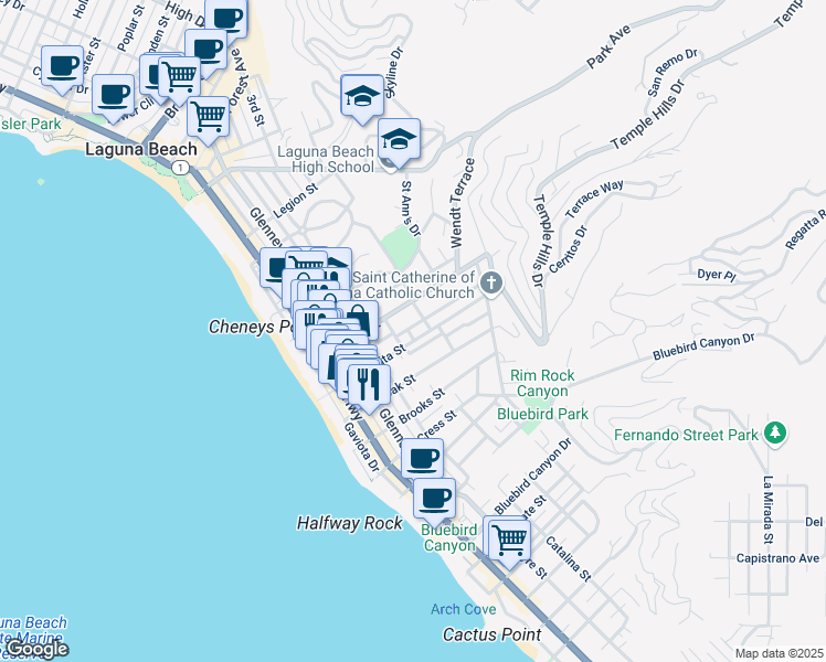 map of restaurants, bars, coffee shops, grocery stores, and more near 521 Seaview Street in Laguna Beach