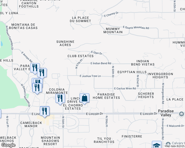 map of restaurants, bars, coffee shops, grocery stores, and more near 5816 East Joshua Tree Lane in Paradise Valley