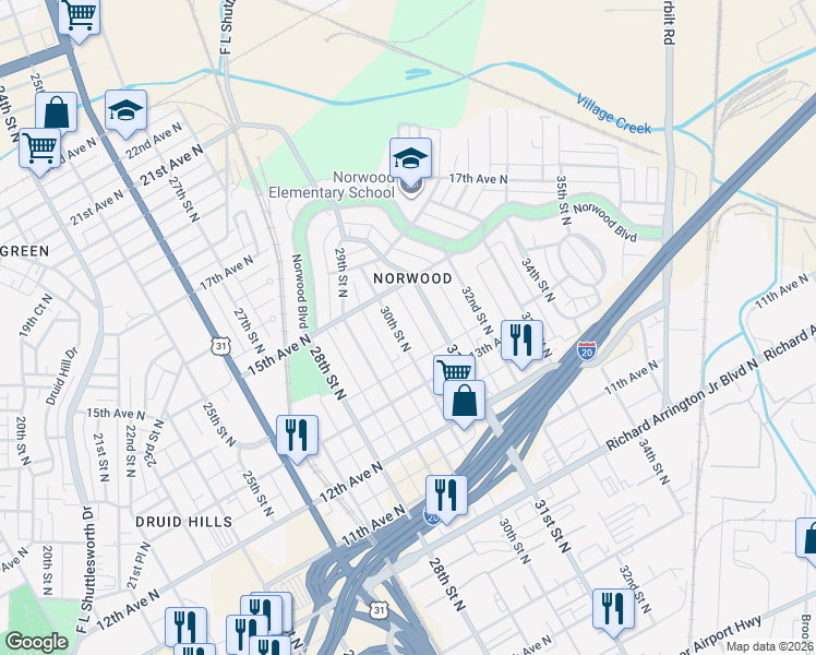 map of restaurants, bars, coffee shops, grocery stores, and more near 1405 30th St N in Birmingham