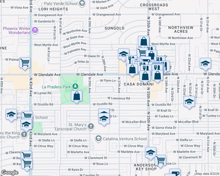 map of restaurants, bars, coffee shops, grocery stores, and more near 3731 West Fleetwood Lane in Phoenix