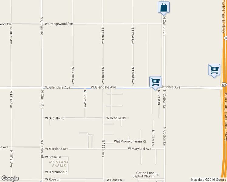 map of restaurants, bars, coffee shops, grocery stores, and more near 17416 West Flynn Lane in Waddell