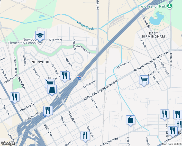 map of restaurants, bars, coffee shops, grocery stores, and more near 3437 12th Avenue North in Birmingham