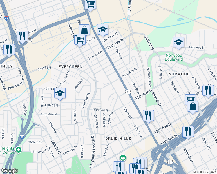 map of restaurants, bars, coffee shops, grocery stores, and more near 2425 17th Avenue North in Birmingham