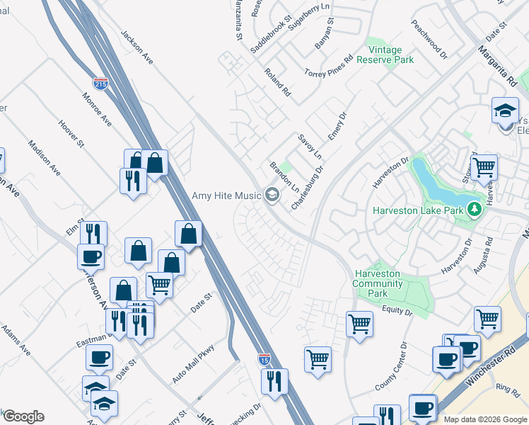 map of restaurants, bars, coffee shops, grocery stores, and more near 40336 Birchfield Drive in Temecula