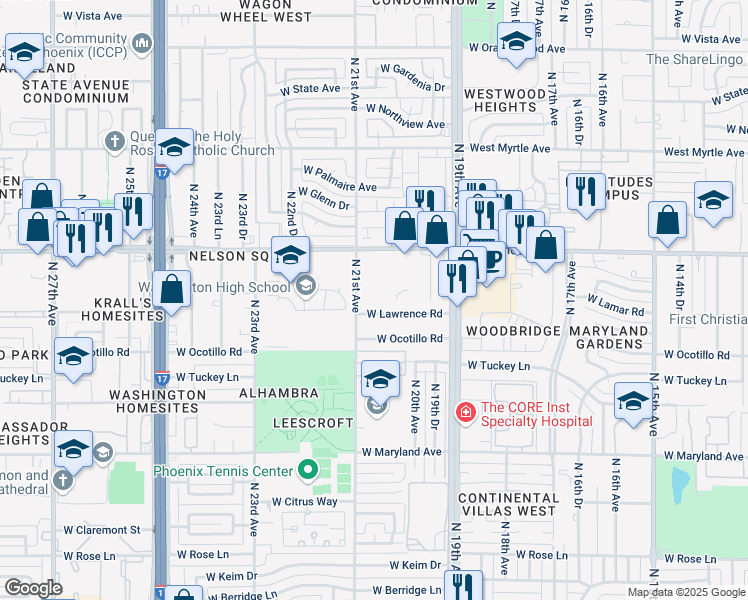 map of restaurants, bars, coffee shops, grocery stores, and more near 6801 North 21st Avenue in Phoenix