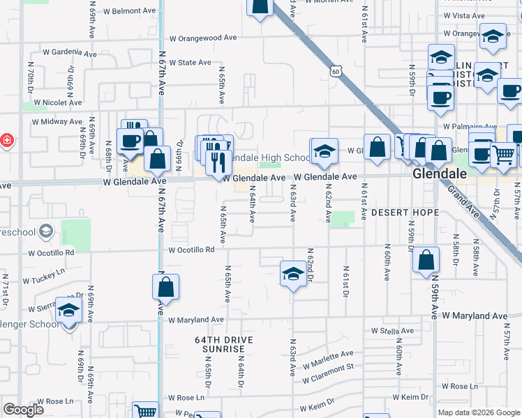 map of restaurants, bars, coffee shops, grocery stores, and more near 6344 West Lamar Road in Glendale