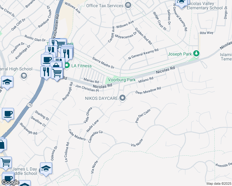 map of restaurants, bars, coffee shops, grocery stores, and more near 40170 Tanager Circle in Temecula