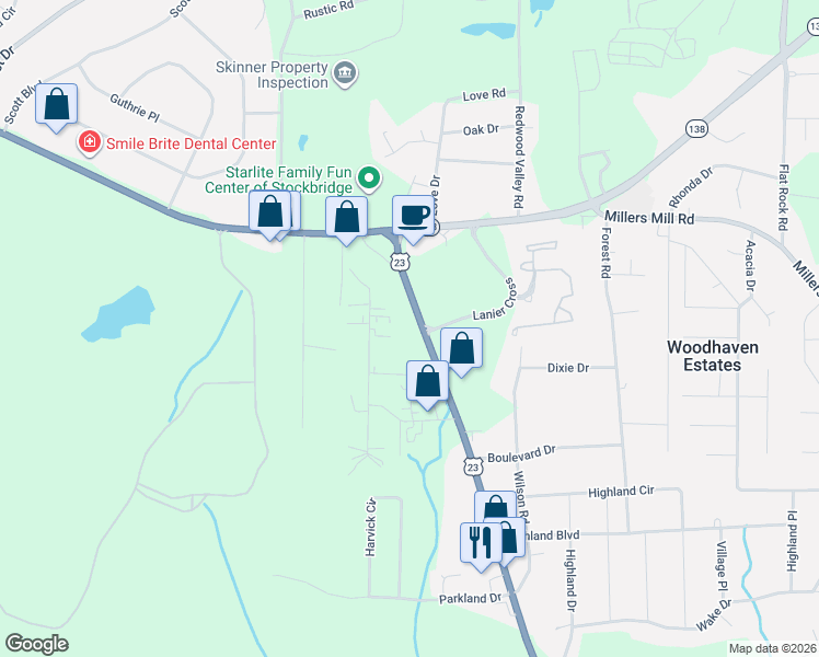 map of restaurants, bars, coffee shops, grocery stores, and more near 3545 North Henry Boulevard in Stockbridge