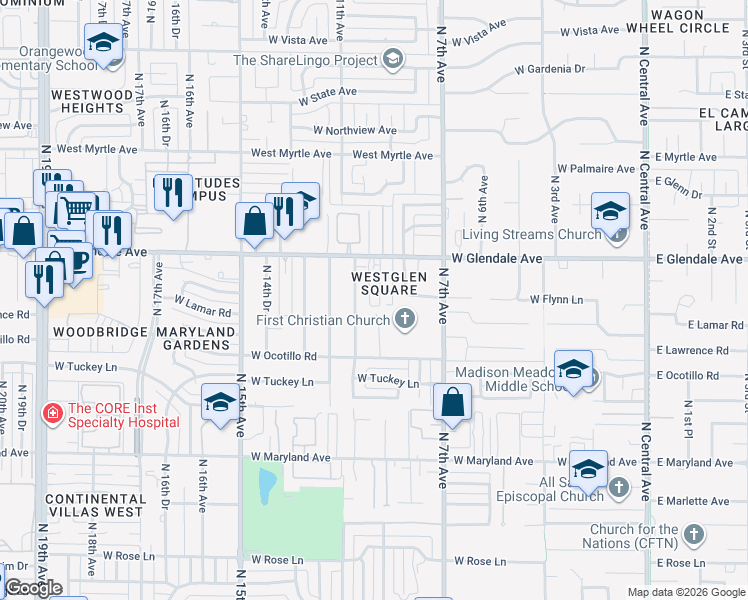 map of restaurants, bars, coffee shops, grocery stores, and more near 6815 North 10th Avenue in Phoenix