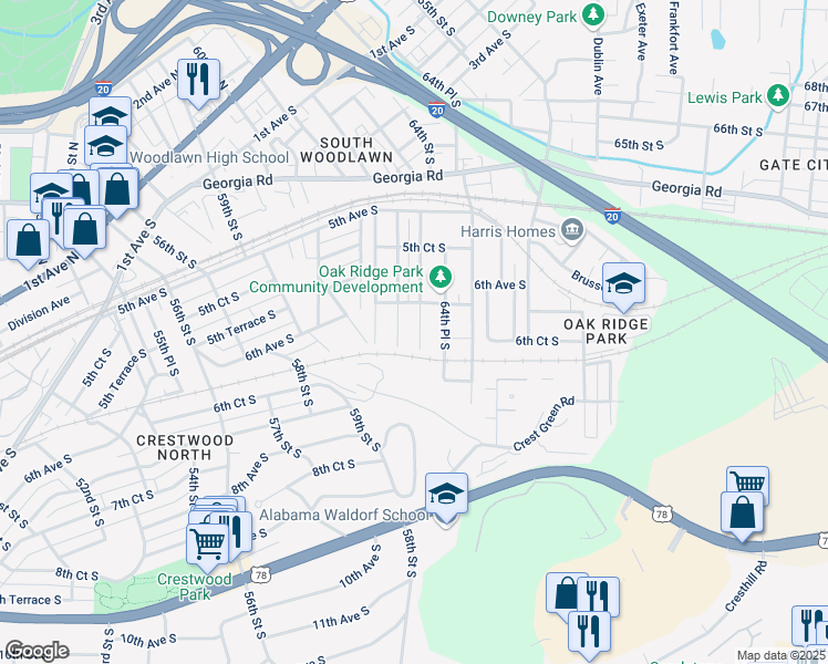 map of restaurants, bars, coffee shops, grocery stores, and more near 617 63rd Street South in Birmingham