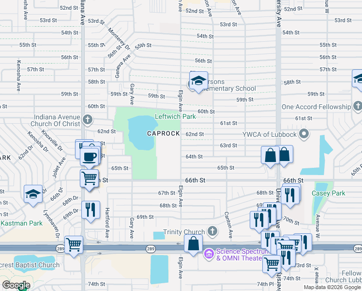 map of restaurants, bars, coffee shops, grocery stores, and more near 2822 63rd Street in Lubbock
