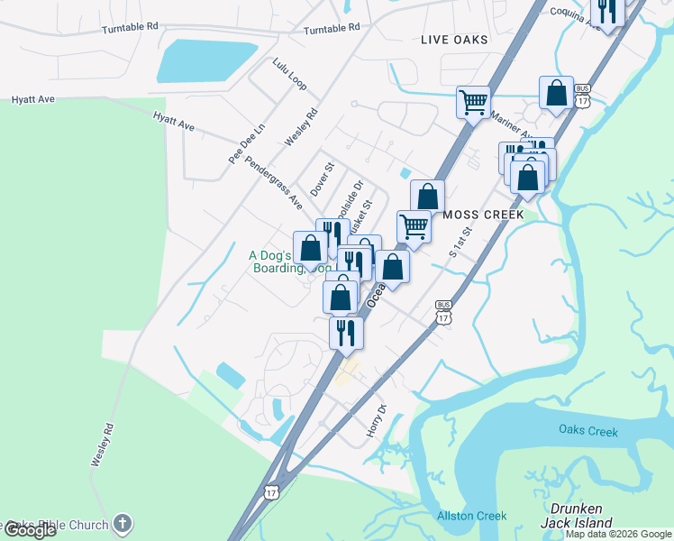map of restaurants, bars, coffee shops, grocery stores, and more near 753 Pendergrass Avenue in Murrells Inlet