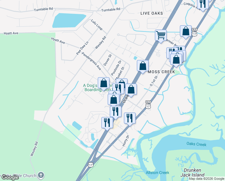 map of restaurants, bars, coffee shops, grocery stores, and more near 753 Pendergrass Avenue in Murrells Inlet