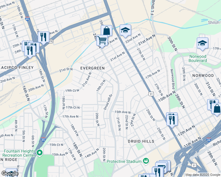 map of restaurants, bars, coffee shops, grocery stores, and more near 1644 Druid Hill Drive in Birmingham