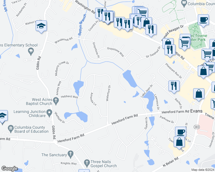 map of restaurants, bars, coffee shops, grocery stores, and more near 534 Waterford Drive in Evans