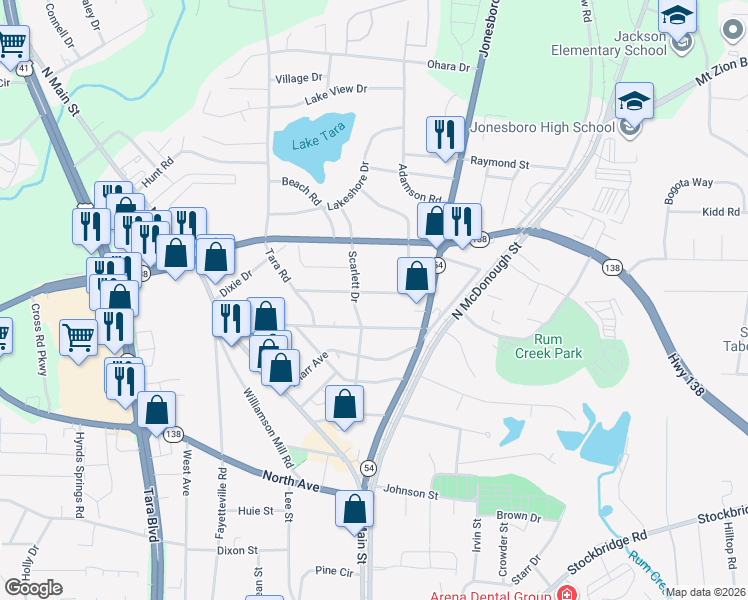 map of restaurants, bars, coffee shops, grocery stores, and more near 1147 Tanglewood Road in Jonesboro