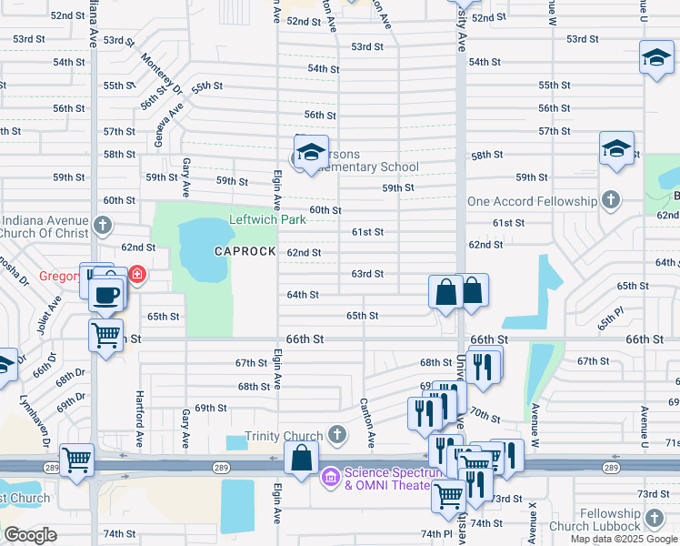 map of restaurants, bars, coffee shops, grocery stores, and more near 2798 63rd Street in Lubbock