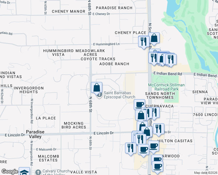 map of restaurants, bars, coffee shops, grocery stores, and more near 6865 North 69th Street in Paradise Valley