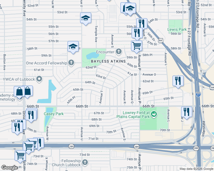 map of restaurants, bars, coffee shops, grocery stores, and more near 1909 63rd Street in Lubbock
