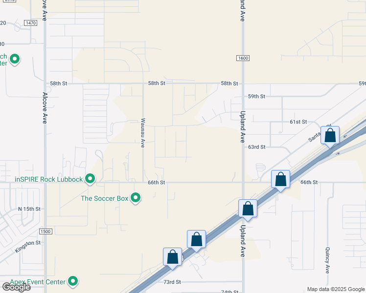 map of restaurants, bars, coffee shops, grocery stores, and more near 6110 County Road 1600 in Lubbock
