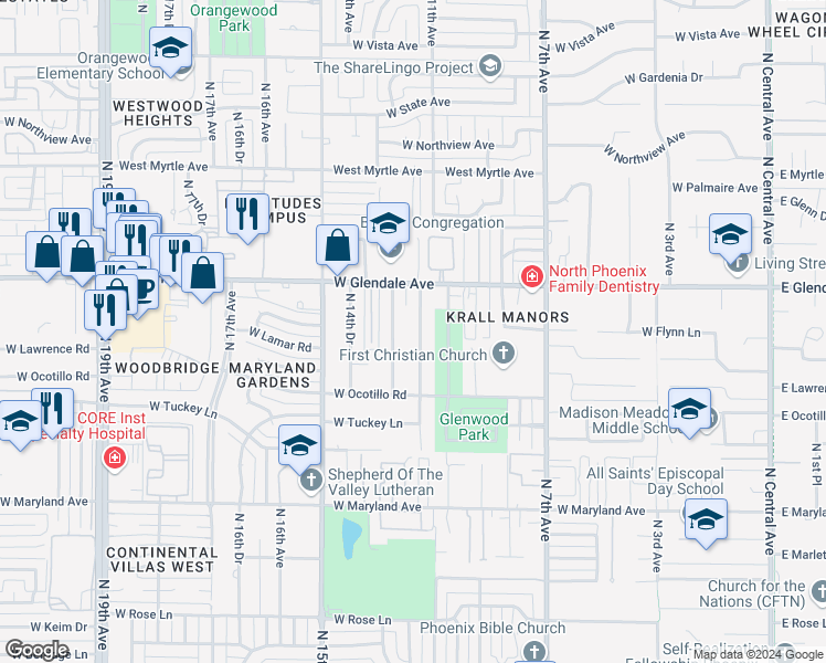 map of restaurants, bars, coffee shops, grocery stores, and more near 6810 North 11th Avenue in Phoenix