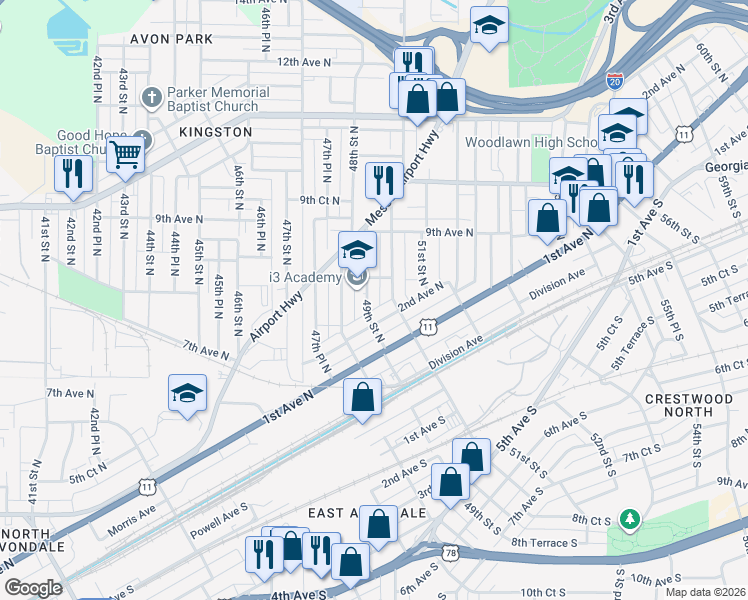 map of restaurants, bars, coffee shops, grocery stores, and more near 227 49th Street North in Birmingham