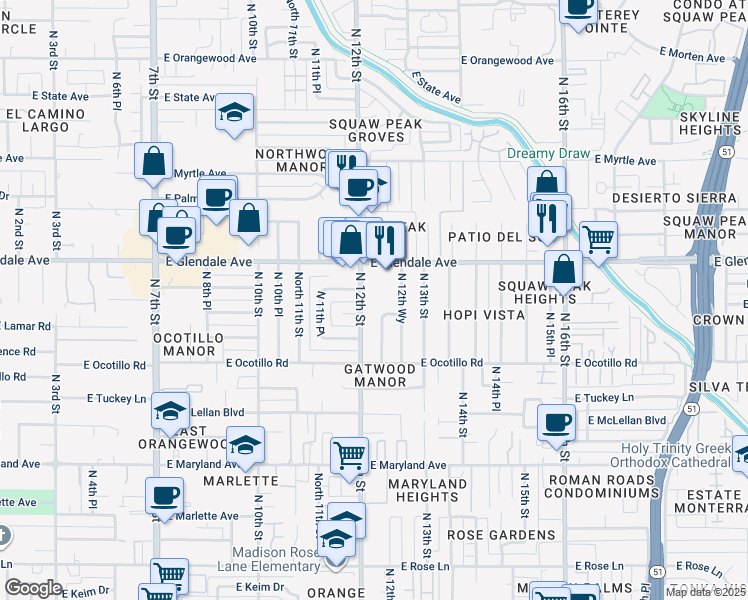 map of restaurants, bars, coffee shops, grocery stores, and more near 6819 North 12th Street in Phoenix
