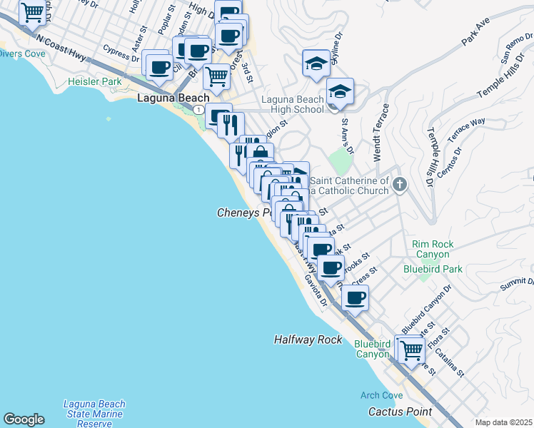 map of restaurants, bars, coffee shops, grocery stores, and more near in Laguna Beach