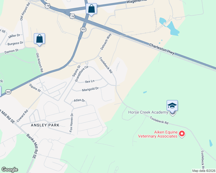 map of restaurants, bars, coffee shops, grocery stores, and more near 109 Marigold Drive in Aiken