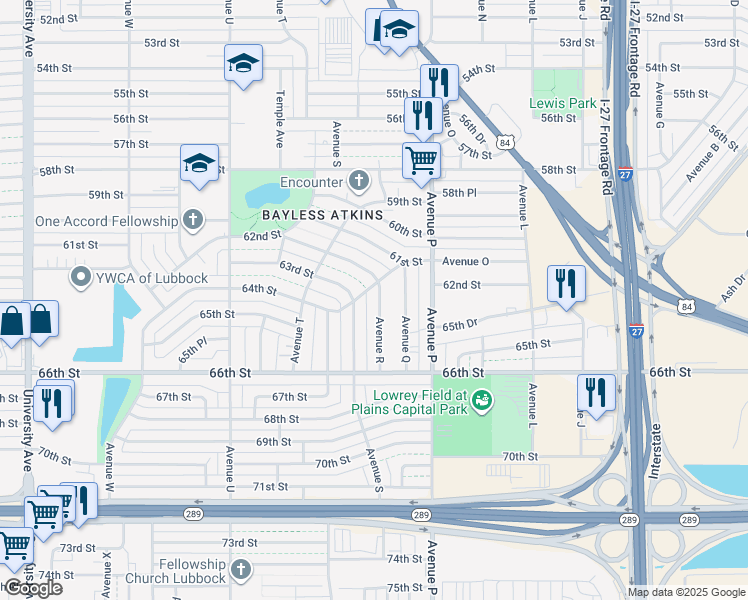 map of restaurants, bars, coffee shops, grocery stores, and more near 6101 Avenue S in Lubbock