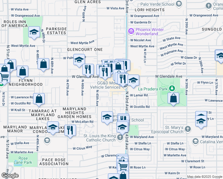 map of restaurants, bars, coffee shops, grocery stores, and more near 6814 North 44th Avenue in Glendale