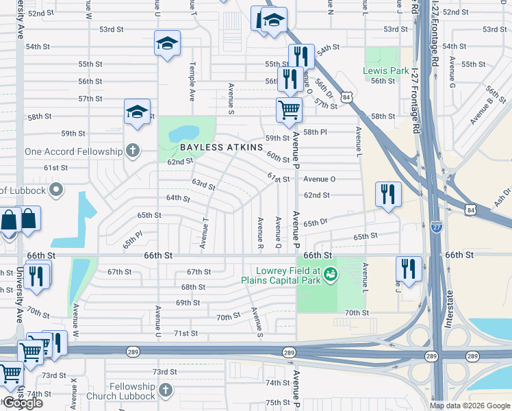 map of restaurants, bars, coffee shops, grocery stores, and more near 6101 Avenue S in Lubbock