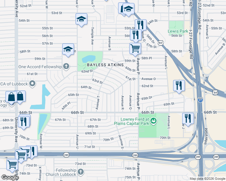 map of restaurants, bars, coffee shops, grocery stores, and more near 6101 Avenue S in Lubbock