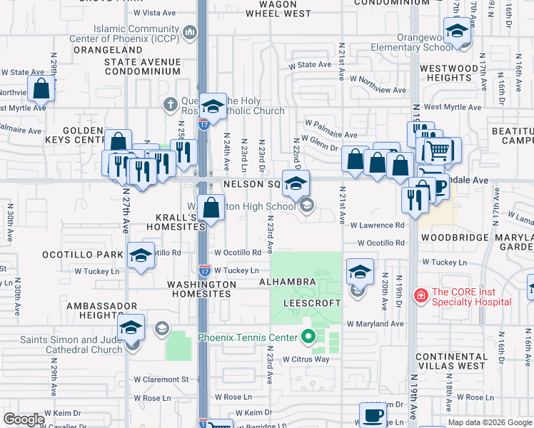 map of restaurants, bars, coffee shops, grocery stores, and more near 6808 North 23rd Avenue in Phoenix